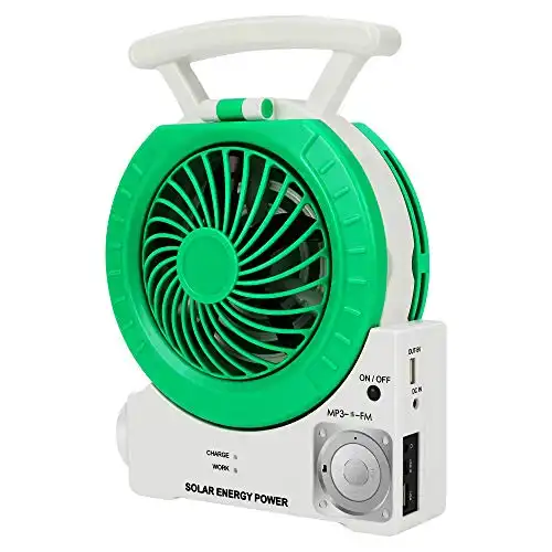 Multi-function Solar Fan Electric Outdoor Fishing Fan with MP3/Table Lamp/Torch/Cell Phone Charging Function