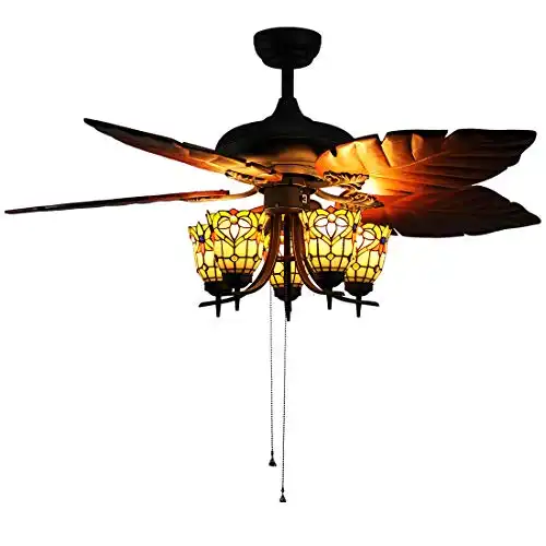 Makenier Vintage Tiffany Style Stained Glass 5-Light Flowers Uplight Ceiling Fan Light Kit, with Banana Leaf Shaped Blades
